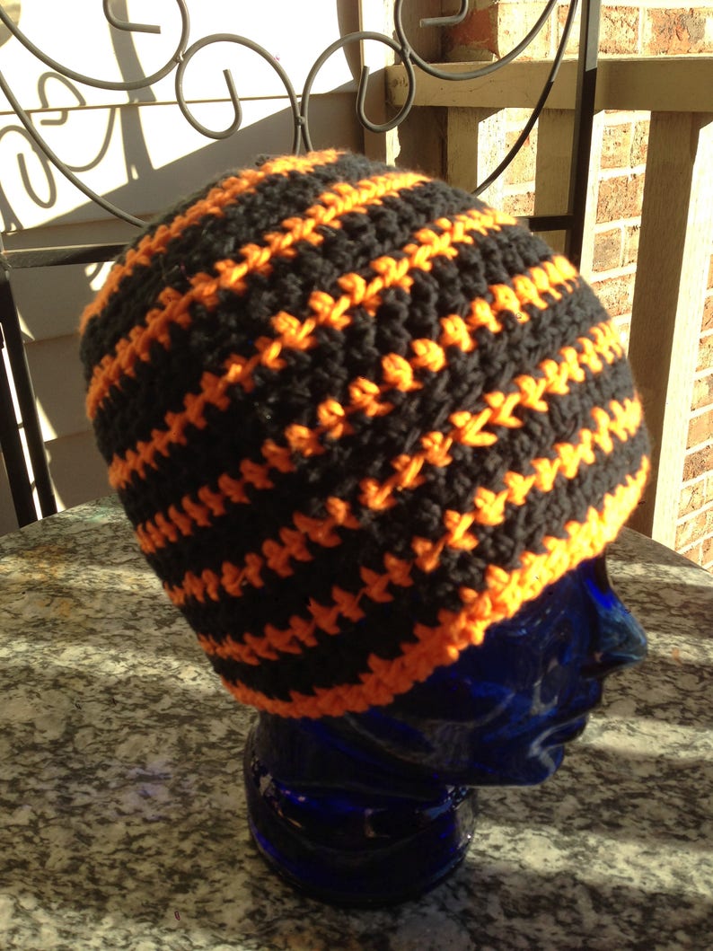 Black and Orange Multi-colored Striped Crocheted Beanie Hat Large Size Cancer Cap Knit Pumpkin Skullcap Hair XL XXL Party Trendy Accessory image 3
