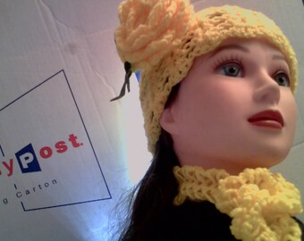 Hat with Rose Broach Pin Crocheted Flower Bright Yellow Lacy Beanie Cancer Cap Knit Plus Size Ladies Skullcap and Lemon Rose Corsage Ornate