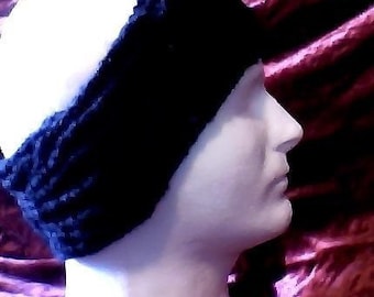 CLEARANCE Jet BLACK Earband Winter Knit Head Wrap Head Band Crocheted Earmuff Snowy Day Medium Sized Soft Earwarmer