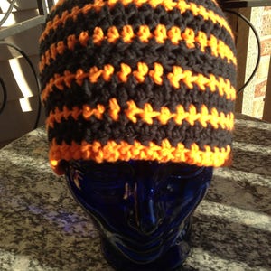 Black and Orange Multi-colored Striped Crocheted Beanie Hat Large Size Cancer Cap Knit Pumpkin Skullcap Hair XL XXL Party Trendy Accessory image 4