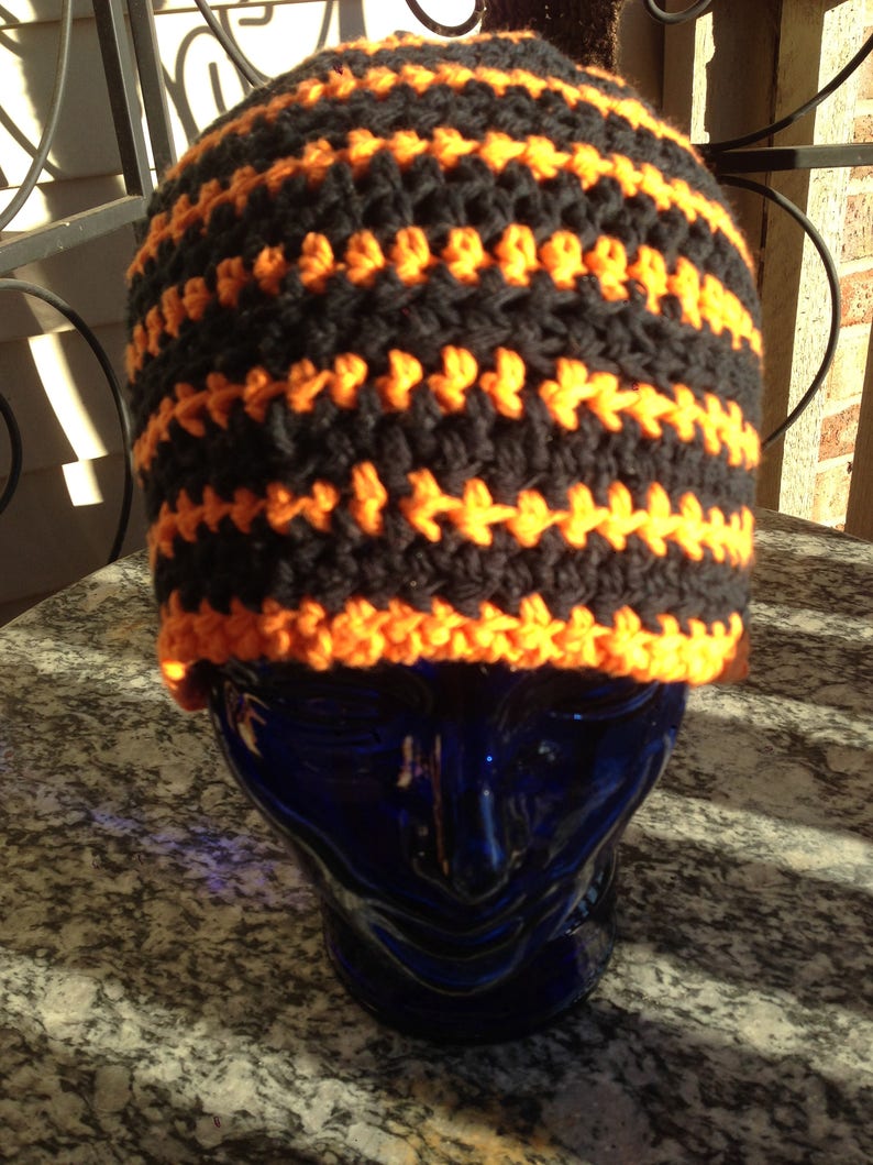 Black and Orange Multi-colored Striped Crocheted Beanie Hat Large Size Cancer Cap Knit Pumpkin Skullcap Hair XL XXL Party Trendy Accessory image 4