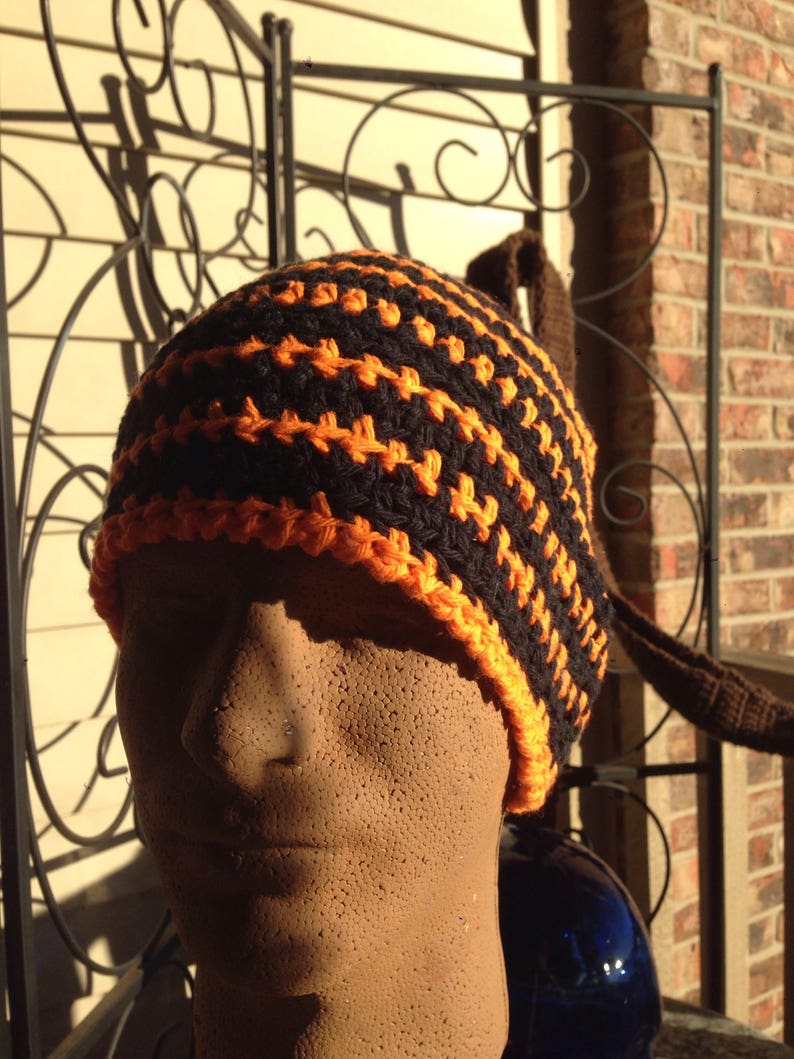 Black and Orange Multi-colored Striped Crocheted Beanie Hat Large Size Cancer Cap Knit Pumpkin Skullcap Hair XL XXL Party Trendy Accessory image 8