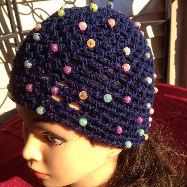 DEAL Lacy Dark Blue Beanie Skullcap Glitter Beaded Lacy Fancy Hat Multicolored BEADED Cotton Blend Navy Fashion Accessory Knit Cancer Cap