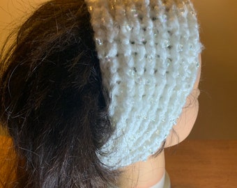 BARGAIN Bright Cloud Fluffy White Beaded Iridescent Ear-band THICK Winter Knit Head Wrap Headband Crocheted Earmuff Snowy Day XL Plus Size