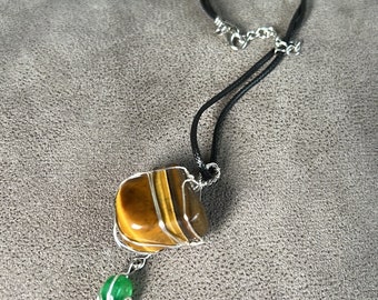 Large Yellow Tigers Eye Nugget  and Green Jade Disc Natural Stone Crystal Handmade wire wrapped silver tone Pendant with Leather Necklace