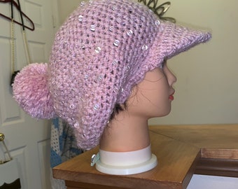 Crocheted Hat Blush Dusty Lacy Pink Beaded Captain Biker Visor Slouchy Driving Hat with Pom Pom Ball Ladies SML