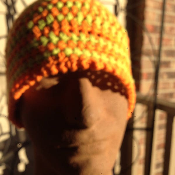 Cotton Lime Green and Orange Striped Beanie Skullcap MXL Large Size Cap Crocheted Knit Hat Lightweight Cute Beanie Cancer Cap Hiking Hat