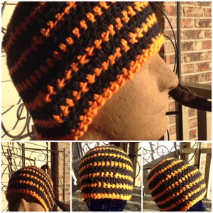 Black and Orange Multi-colored Striped Crocheted Beanie Hat Large Size Cancer Cap Knit Pumpkin Skullcap Hair XL XXL Party Trendy Accessory image 6