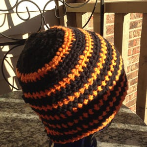 Black and Orange Multi-colored Striped Crocheted Beanie Hat Large Size Cancer Cap Knit Pumpkin Skullcap Hair XL XXL Party Trendy Accessory image 5