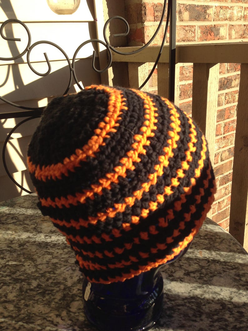 Black and Orange Multi-colored Striped Crocheted Beanie Hat Large Size Cancer Cap Knit Pumpkin Skullcap Hair XL XXL Party Trendy Accessory image 5