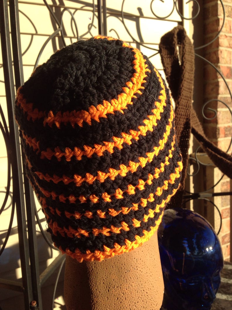 Black and Orange Multi-colored Striped Crocheted Beanie Hat Large Size Cancer Cap Knit Pumpkin Skullcap Hair XL XXL Party Trendy Accessory image 10