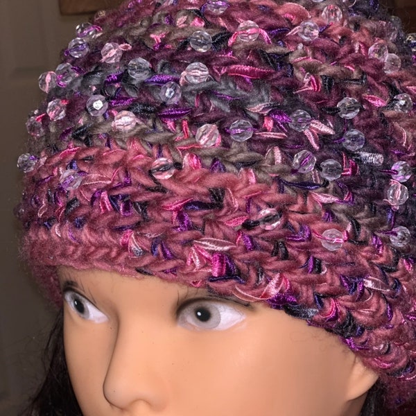 BARGAIN Beaded Multi-Colored Pink Wool Winter Snow Day Ladies Hat THICK Crocheted Knit Ribbon Shimmer Fancy Plus Size  Cancer Ski Hiking Cap