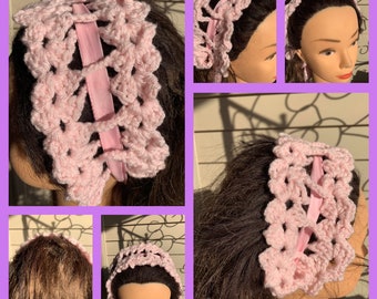 CLEARANCE Soft Baby Pink Blush Head Bonnet Large Hair Headband XL Ladies Crocheted Adjustable Ribbon Accessory Lolita Ornate headpiece