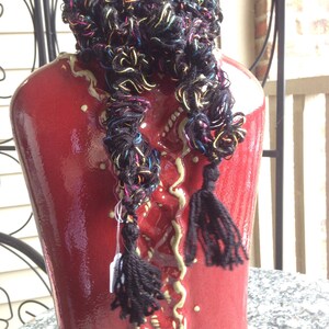 Lolita&#39; Multicolored Black Lariat  Colorful Knit Hairpin Lace Soft Scarf Headband Hair Do Rag Tassels Crocheted Rainbow Ruffle Collar Belt
