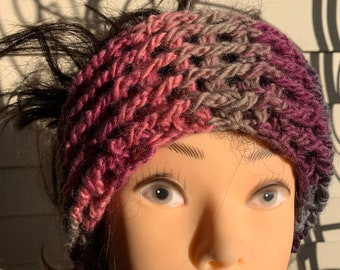 VALUE Multi-Colored Dark Pink Grey Ombré Wool Winter Snow Day Earwarmer Earband Headband Hair Wrap Ladies THICK Crocheted Knit Small Size XS