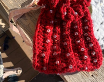 FANCY SOFT BEADED Crocheted Knit Cranberry Garnet Burgundy Claret Red Cell Phone Cozy with Faceted Clear Round Bead Jewels Drawstring Pouch