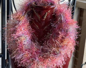Karen" Fuzzy Fur Rainbow Circle Scarf Multicolored Pink Warm Earwarmer Knit Headband Crocheted Collar Earband XL Plus Womens Winter Wrap