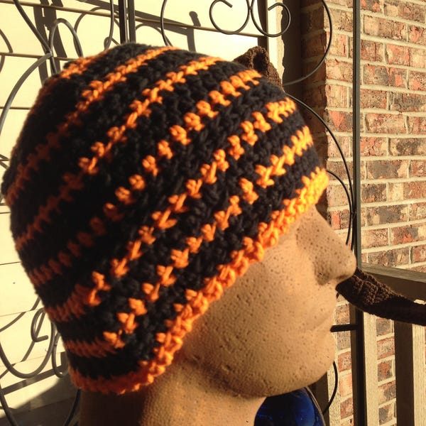 Black and Orange Multi-colored Striped Crocheted Beanie Hat Large Size Cancer Cap Knit Pumpkin Skullcap Hair XL XXL Party Trendy Accessory