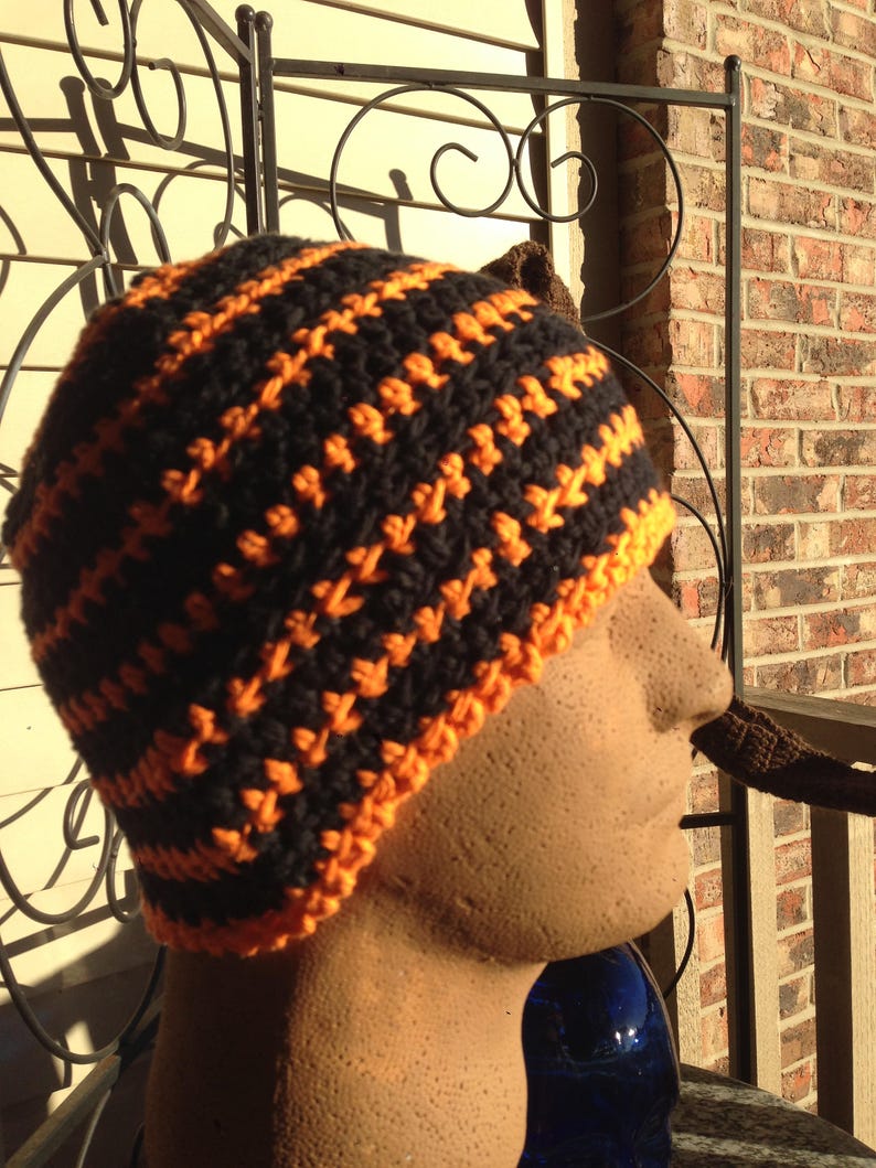 Black and Orange Multi-colored Striped Crocheted Beanie Hat Large Size Cancer Cap Knit Pumpkin Skullcap Hair XL XXL Party Trendy Accessory image 1