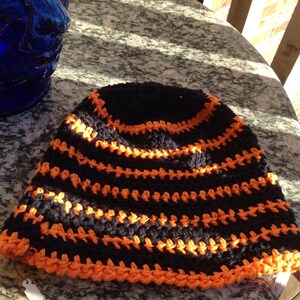 Black and Orange Multi-colored Striped Crocheted Beanie Hat Large Size Cancer Cap Knit Pumpkin Skullcap Hair XL XXL Party Trendy Accessory image 7