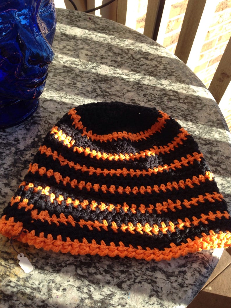 Black and Orange Multi-colored Striped Crocheted Beanie Hat Large Size Cancer Cap Knit Pumpkin Skullcap Hair XL XXL Party Trendy Accessory image 7