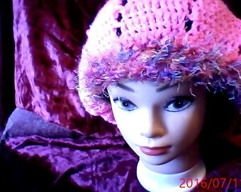 Ooo LaLa Hot Pink Lacy Slouchy Beret Fluffy Faux Fur Brim Multi Color Beaded Tam Large Bright Pink Hat Slouchy Pyramid  Party Cap SML VALUE