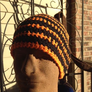 Black and Orange Multi-colored Striped Crocheted Beanie Hat Large Size Cancer Cap Knit Pumpkin Skullcap Hair XL XXL Party Trendy Accessory image 2