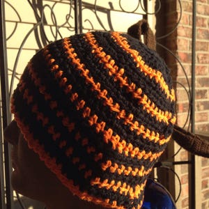 Black and Orange Multi-colored Striped Crocheted Beanie Hat Large Size Cancer Cap Knit Pumpkin Skullcap Hair XL XXL Party Trendy Accessory image 9