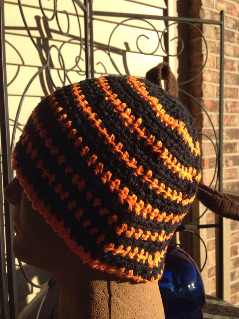 Black and Orange Multi-colored Striped Crocheted Beanie Hat Large Size Cancer Cap Knit Pumpkin Skullcap Hair XL XXL Party Trendy Accessory image 9