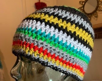 BOHO Multi-colored Striped Lightweight Knit Rainbow Crocheted Party Hat Medium XL Adult Beanie Seamless Reversible BRIGHT Cancer cap Retro