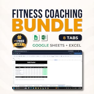 Pode incluir: Um pacote de coaching de fitness digital com uma planilha de rastreamento de hábitos para Google Sheets e Excel. A interface exibe uma tabela com colunas para os dias da semana e linhas para hábitos diários, incluindo 8 abas de progresso.