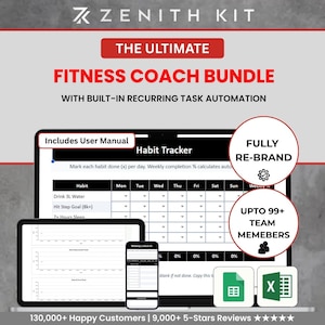 Könnte beinhalten: Ein digitales Fitness-Coach-Paket von Zenith Kit mit einer Gewohnheits-Tracker-Tabelle, die Spalten für tägliche Aufgaben wie das Trinken von 3L Wasser und das Erreichen von Schrittzielen enthält. Inklusive Benutzerhandbuch und Automatisierung.