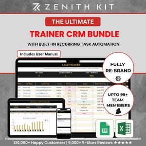 May include: A digital Zenith Kit Trainer CRM bundle featuring a lead tracker spreadsheet, revenue dashboard, and user manual. The interface displays data tables, charts, and automation tools compatible with spreadsheet software for up to 99+ team members.