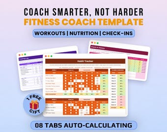 Bundel met sjablonen voor fitnesscoaches: Training, voeding en lichaamstracking in Google Sheets, inclusief een trainingsplanner en een maaltijdplanner.