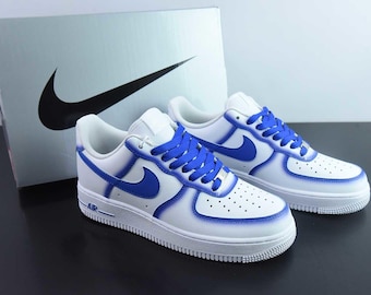 Custom Nike Air Force 1 Blue Outline Sneakers, Hand-Painted Blue Swoosh Trainers