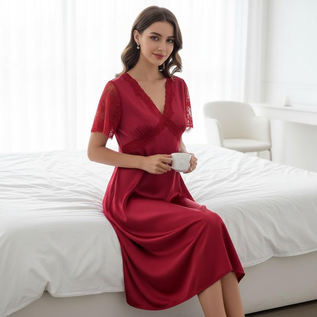 Pajamas Long Satin Night Dress With Sleeves Luxury Oversized Satin Silk Sleepwear Sexy Pajamas For Women Pajamas Long Satin Night Dress With Sleeves Luxury Oversized Satin Silk Sleepwear Sexy Pajamas For Women