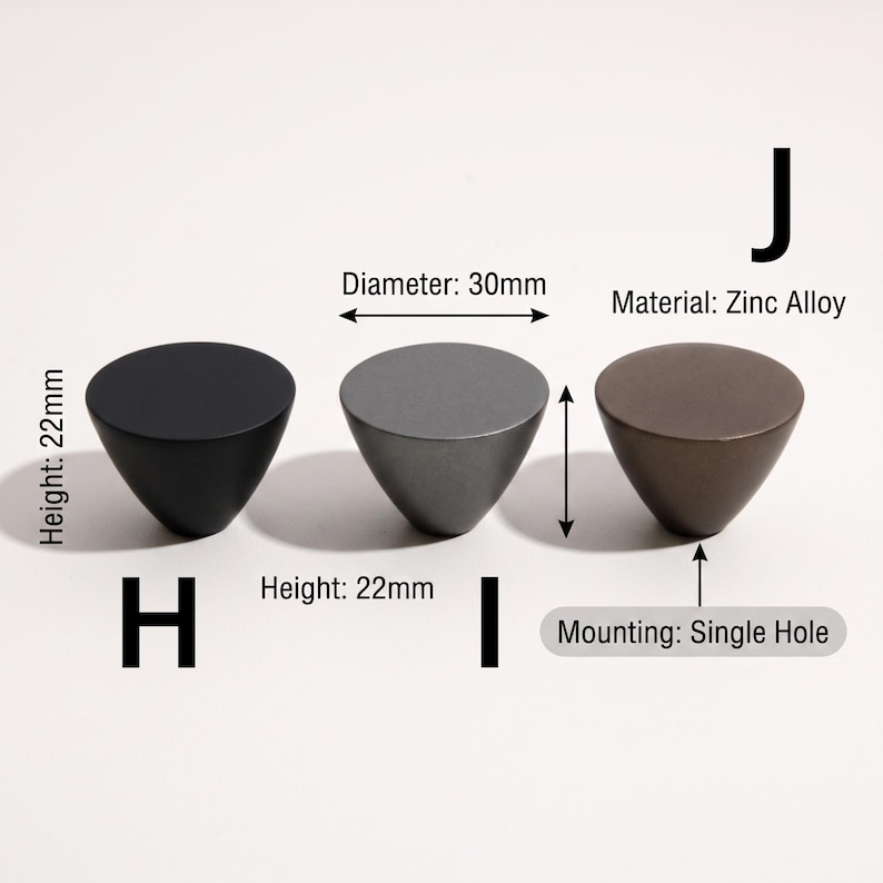 May include: Three conical cabinet knobs labeled H, I, and J, made of zinc alloy. Each knob has a 30mm diameter and 22mm height. The knobs are matte black, grey, and bronze. They feature a single hole mounting design as indicated by the text.