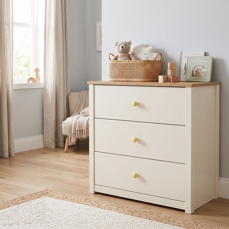 May include: A three-drawer dresser with an off-white frame and a light wood-toned top surface. Each drawer features a single round, light-colored wooden knob. The dresser is positioned against a wall, with a woven basket and books on top.