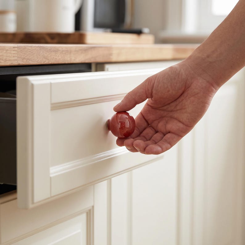 May include: A glossy, spherical, dark red ceramic cabinet knob attached to a cream-colored kitchen drawer. The knob features a smooth, reflective surface and a simple, rounded shape, providing a functional grip for opening the drawer.