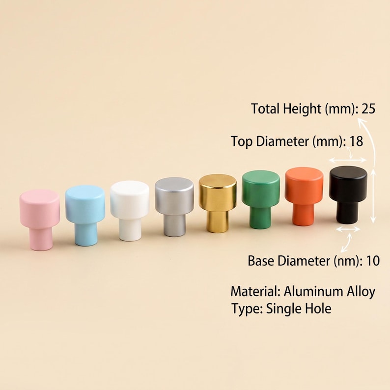 Op de afbeelding: Een rij van acht knoppen met &eacute;&eacute;n gat van aluminiumlegering in roze, lichtblauw, wit, zilver, goud, groen, oranje en zwart. Elke knop heeft een totale hoogte van 25 mm, een topdiameter van 18 mm en een basisdiameter van 10 mm volgens de tekst.
