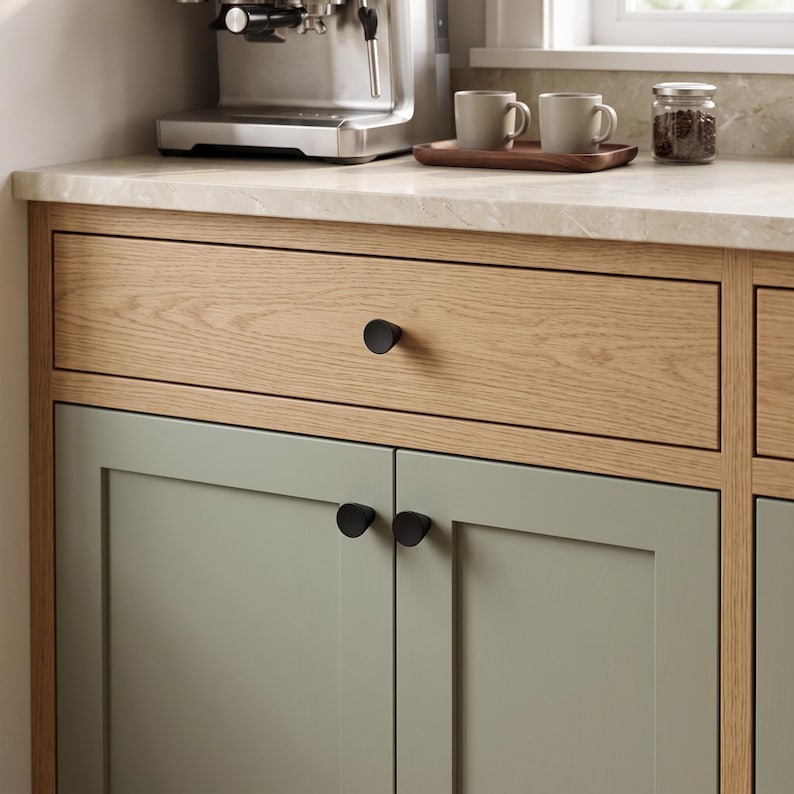 May include: A kitchen cabinet unit featuring a light oak wood grain drawer with a single matte black knob and two sage green cabinet doors below, each fitted with a matching matte black knob. The cabinet has a light-colored stone countertop.