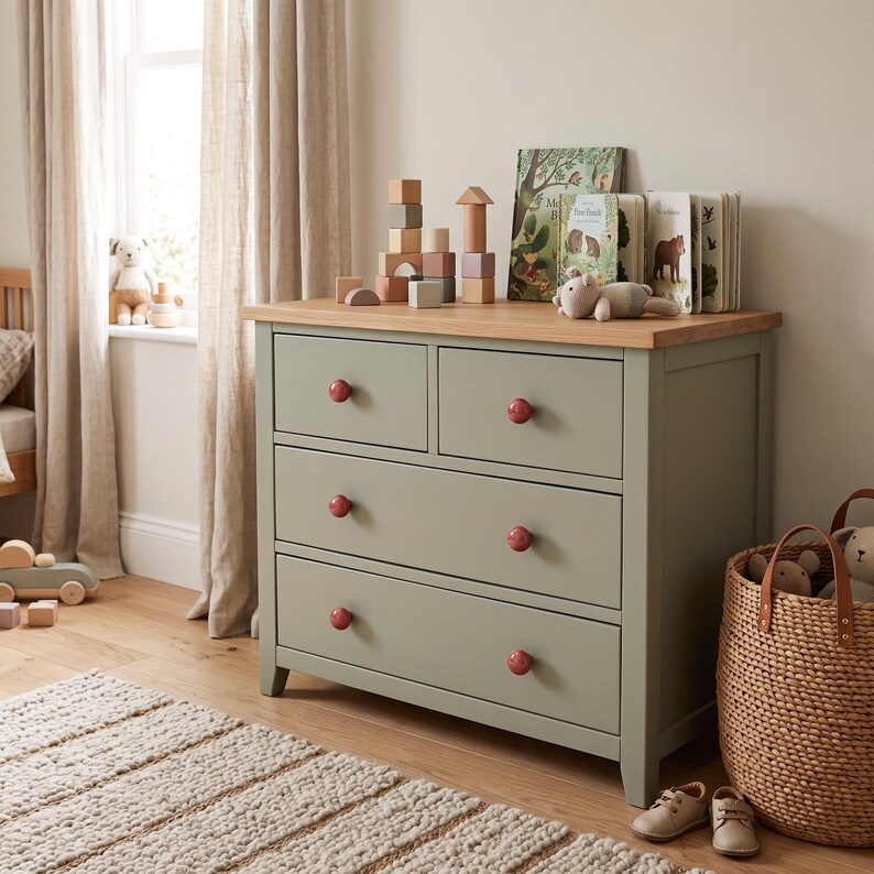 May include: A sage green wooden dresser with a natural wood top surface, featuring two small top drawers and two full-width bottom drawers. Each drawer is equipped with a round, reddish-brown knob. The dresser stands on four short legs.