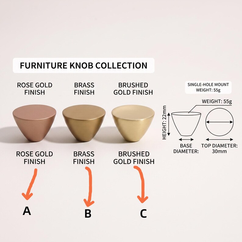 May include: A furniture knob collection featuring three conical knobs in rose gold, brass, and brushed gold finishes. Diagrams show a 22mm height, 30mm top diameter, and 55g weight. Labels identify finishes as A, B, and C for single-hole mounts.