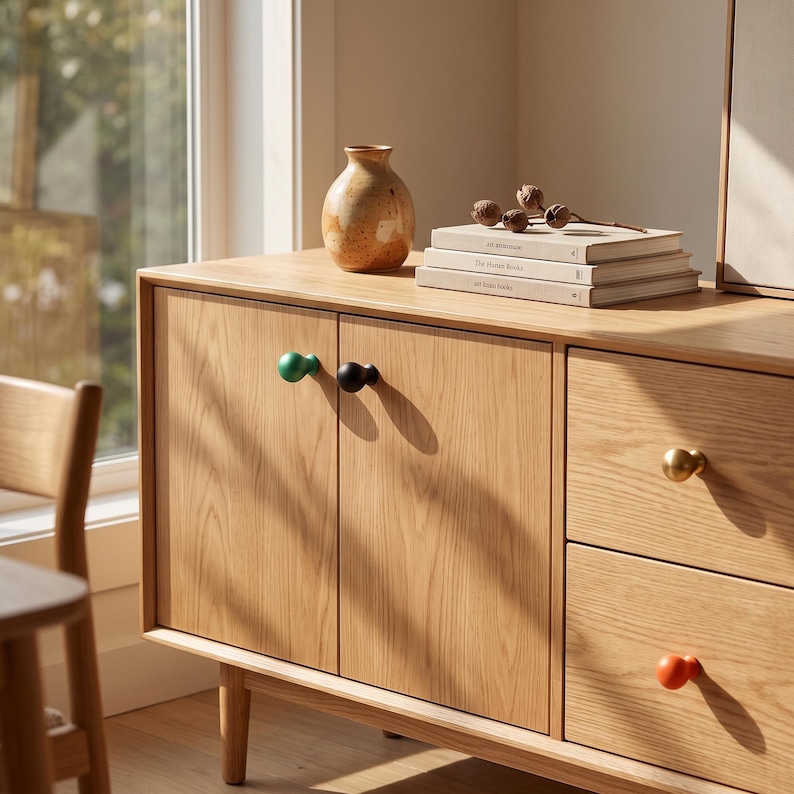Op de afbeelding: Een dressoir van licht eikenhout met twee kastdeuren en twee lades. De kastdeuren hebben een groene en een zwarte bolvormige knop. De bovenste lade heeft een messing knop en de onderste lade heeft een oranje bolvormige knop.
