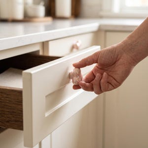 May include: A glossy, light pink, cloud-shaped cabinet knob attached to a white kitchen drawer. The knob has a smooth, reflective surface and an irregular, rounded form. It is mounted on the center of a flat-panel drawer front with a wood interior.