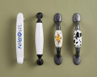 Keramische Schrankgriffe, florale Schubladengriffe, runde Schrankknöpfe, Vintage-Küchenbeschläge, Kommodengriffe, Schrankgriffe, Möbelknöpfe