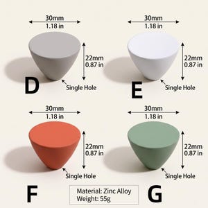 May include: Four cone-shaped cabinet knobs labeled D, E, F, and G in gray, white, orange, and green. Each knob measures 1.18 inches in diameter and 0.87 inches in height, featuring a single hole for mounting. The material is zinc alloy, weighing 55g.