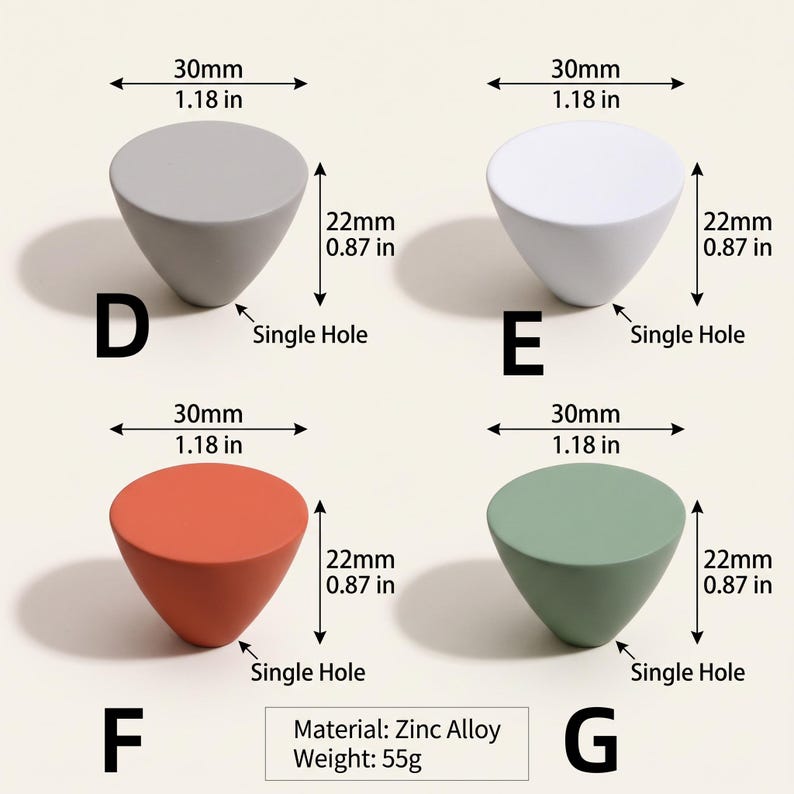 May include: Four cone-shaped cabinet knobs labeled D, E, F, and G in gray, white, orange, and green. Each knob measures 1.18 inches in diameter and 0.87 inches in height, featuring a single hole for mounting. The material is zinc alloy, weighing 55g.