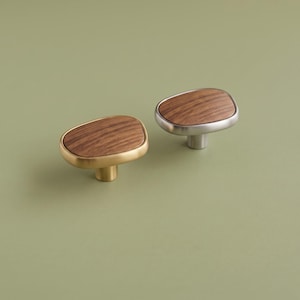 May include: Two cabinet knobs with an irregular, rounded shape. One knob features a brushed brass metal base with a dark wood grain inlay, while the other has a brushed silver metal base with a matching dark wood grain inlay on the top surface.