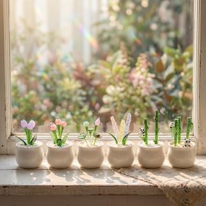 Miniset med krukväxter i glas, handgjord glasblomma i bambu, söt pandafigur, skrivbordshylla i Cottagecore, present till henne.